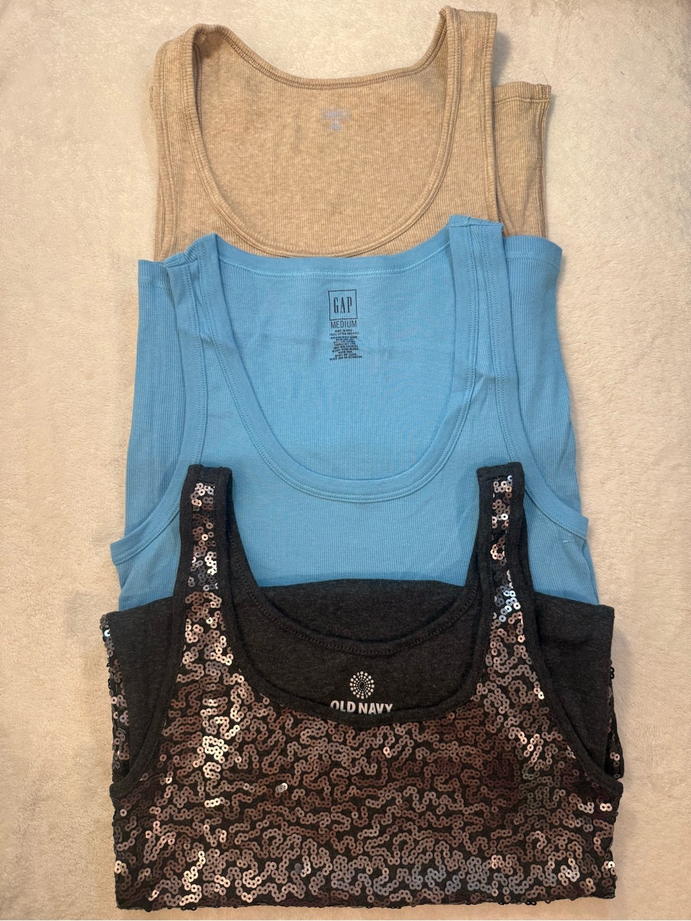 Bundle Old Navy Black Sequin Scoop Neck Tank Top . Two Gap blue and beige top.